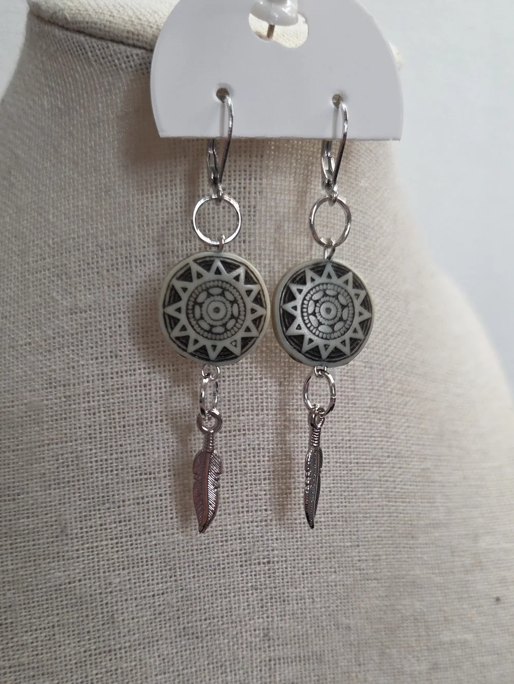 Handcrafted Black Cream Celtic Disc Silver Feather Pierced Earrings Boho Unique